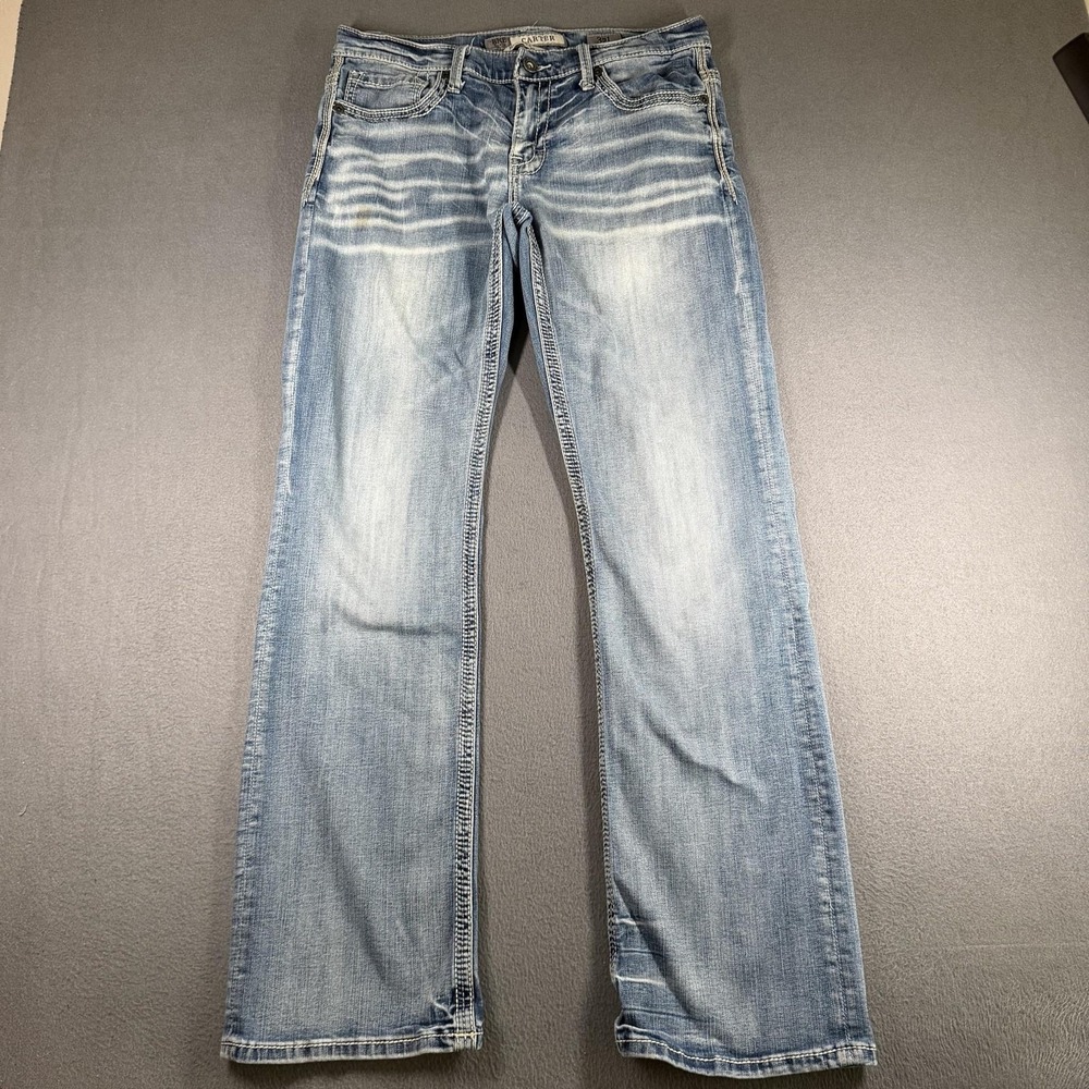 BKE Carter Bootleg Jeans Mens 32L Blue Bootcut Stretch Denim Light Wash *Stain